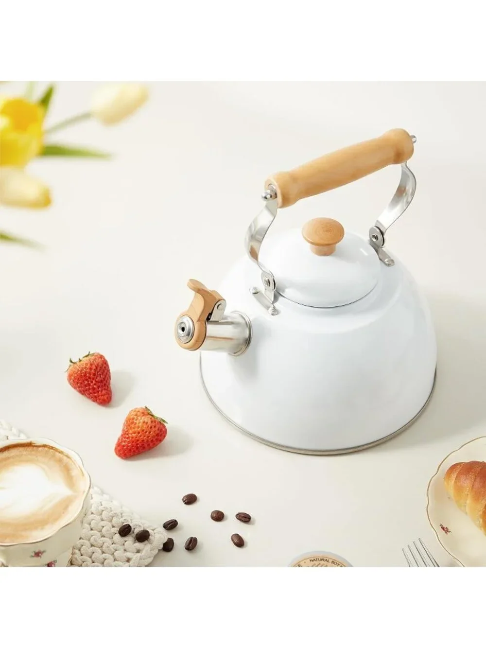 ROCKURWOK 1.6 Quart White Whistling Tea Kettle Stainless Steel Stovetop Tea Pot